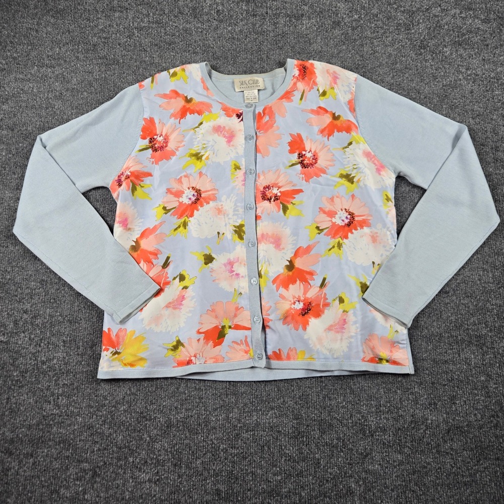 Silk Club Cardigan Women M Blue Floral Silk Panel Fair Beaded Sweater